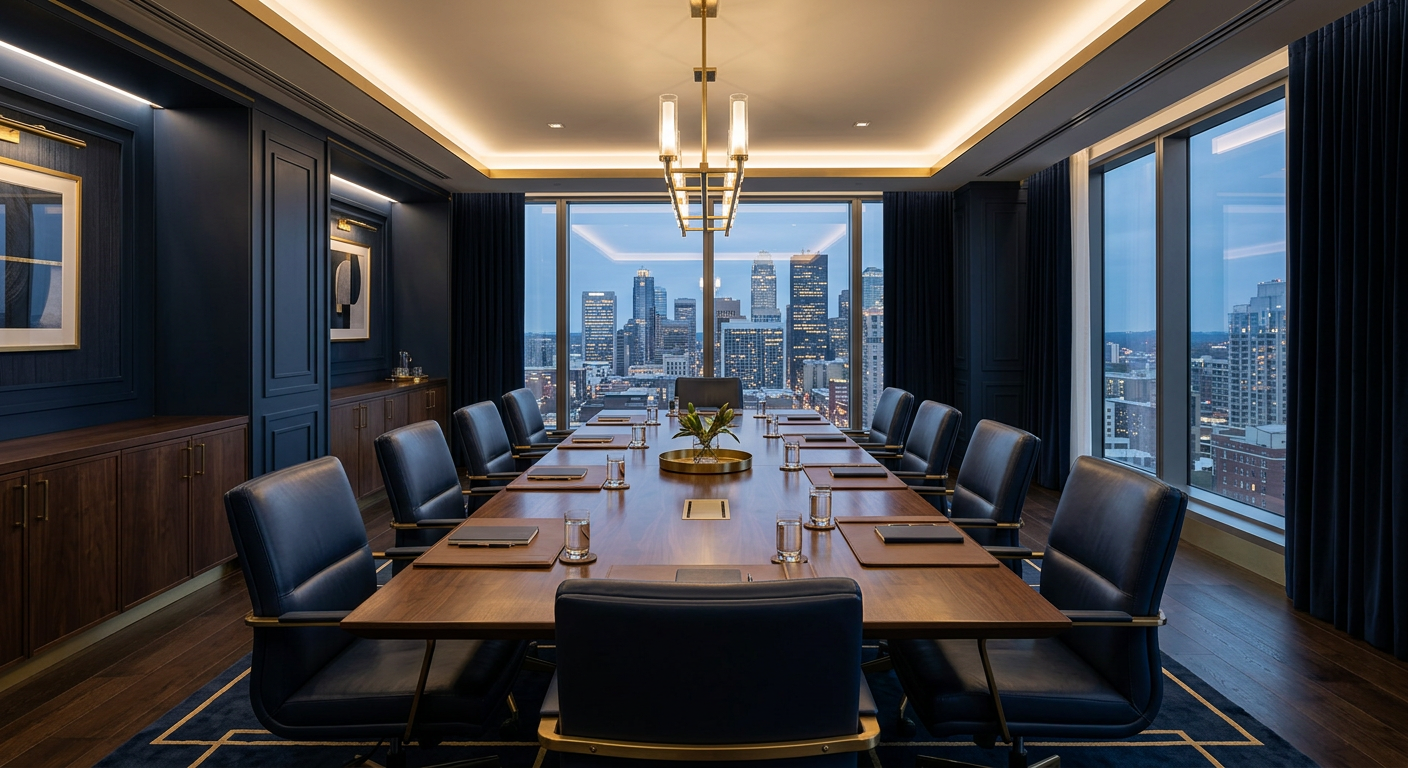 An executive boardroom with a walnut table and navy walls